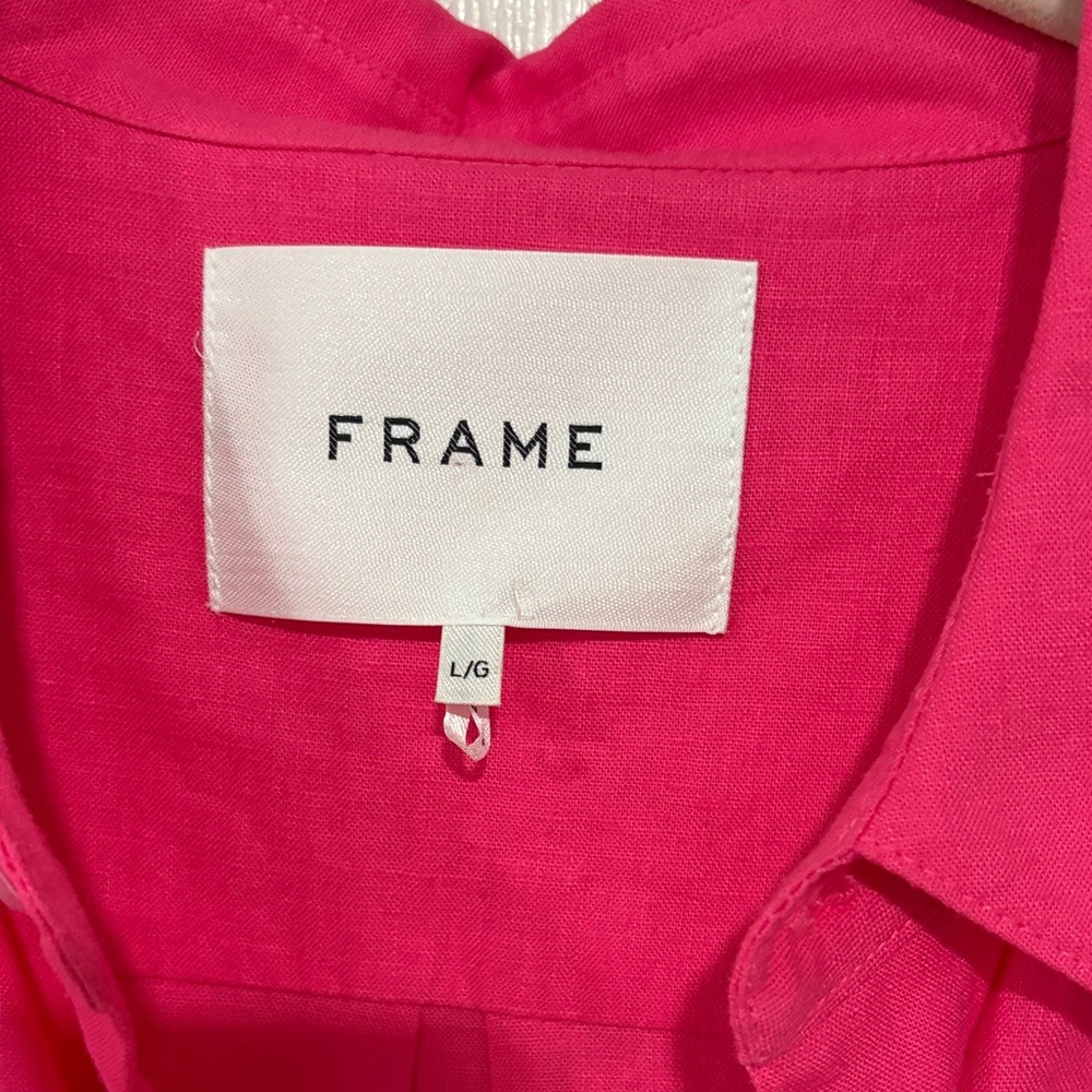 Frame Denim Bright Pink Cropped Short-Sleeve Linen top - Picture 2 of 5